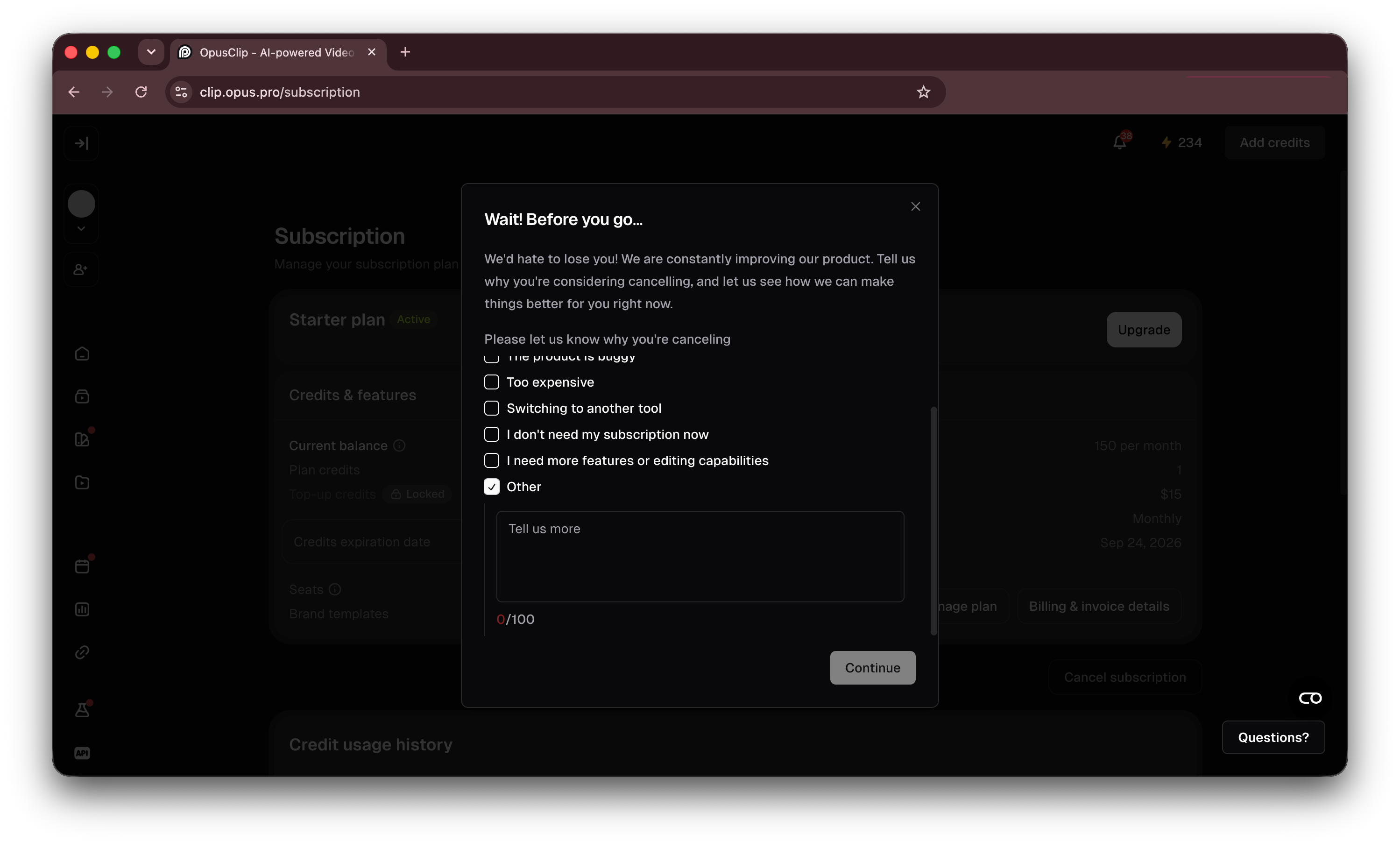 OpusClip — Cancellation flow with a free-month offer — step 2