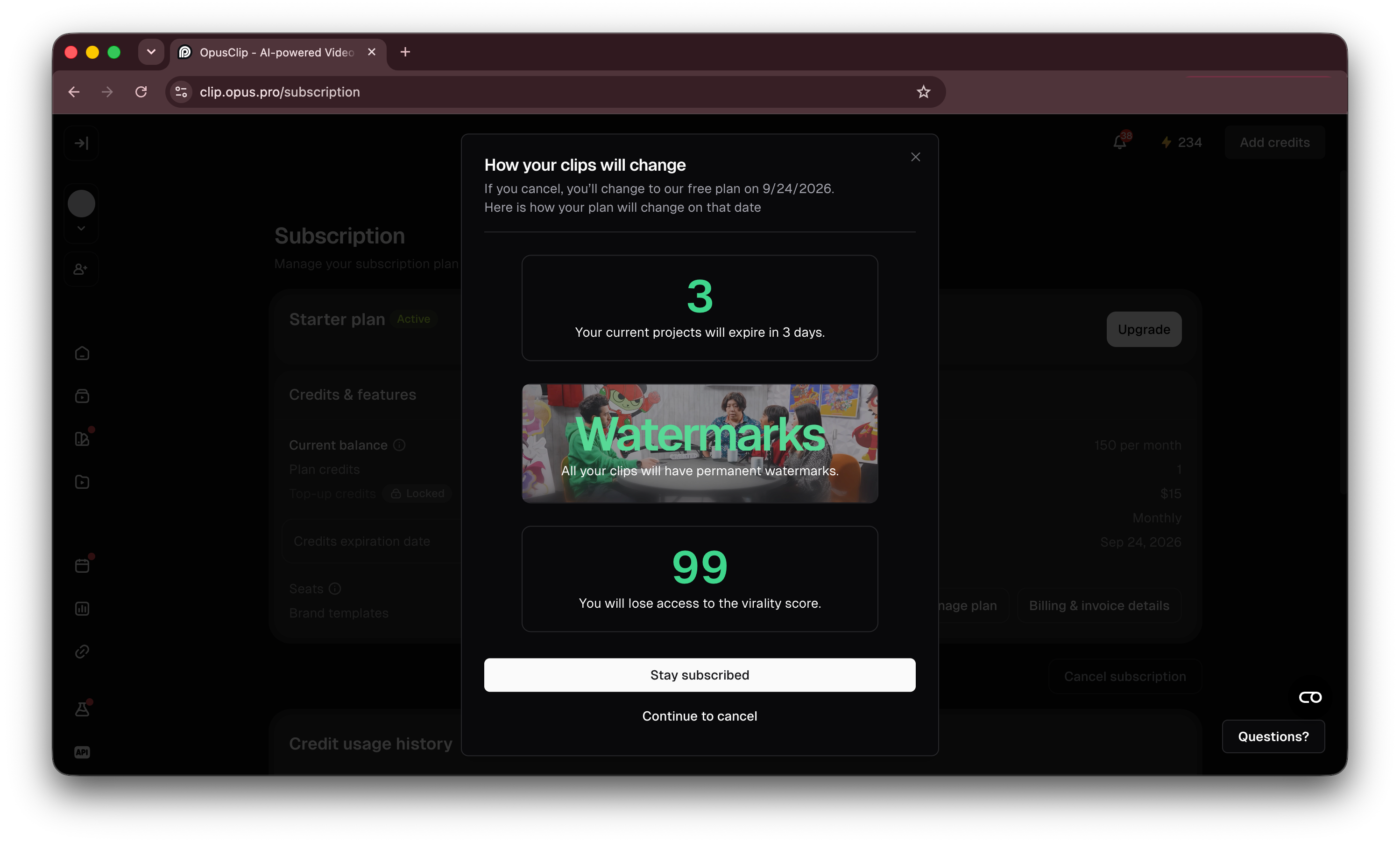 OpusClip — Cancellation flow with a free-month offer — step 3