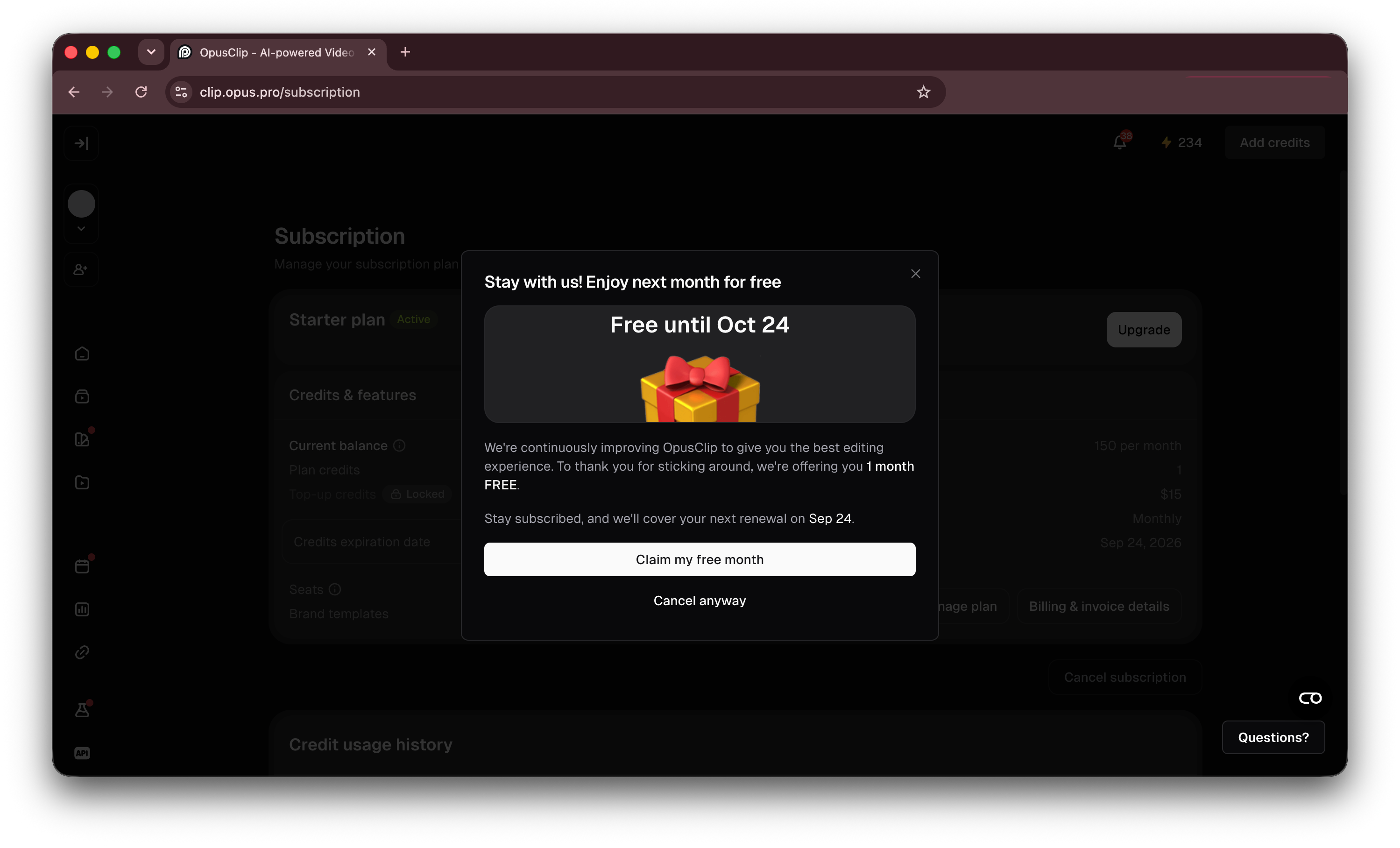 OpusClip — Cancellation flow with a free-month offer — step 4